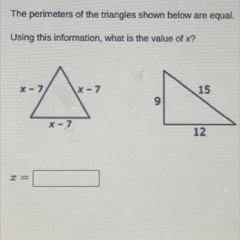 The perimeters of the triangles shown below are equal Using this information, what-example-1