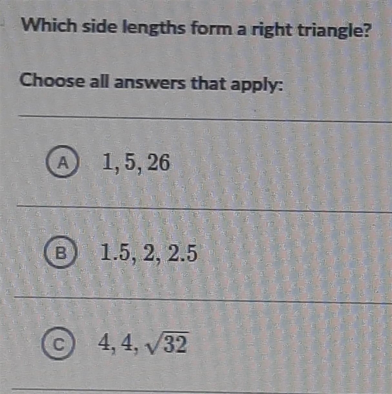 Which side lengths form a right triangle?​-example-1