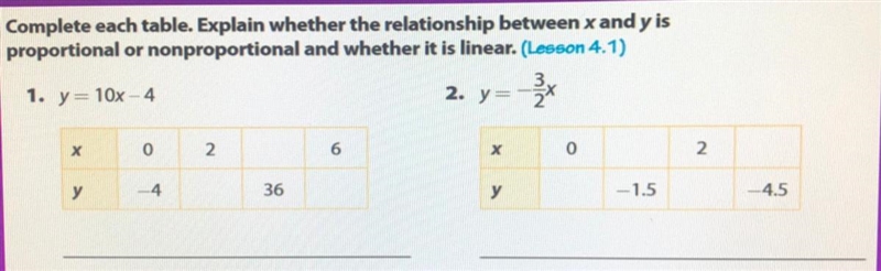 Complete each table. Explain whether the relationship between x and y is proportional-example-1