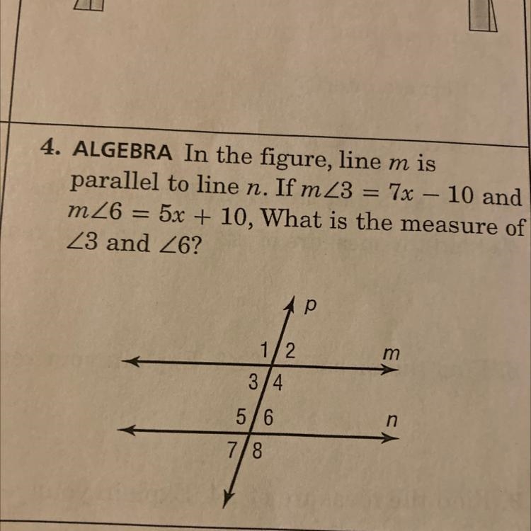 - ALGEBRA In the figure, line m is parallel to line n. If m 23 = 7x - 10 and m26 = 5x-example-1