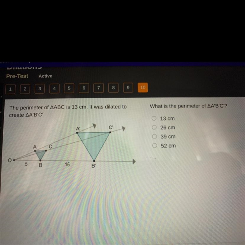 The perimeter of AABC is 13 cm. It was dilated to create AA'B'C'. A С" A с 5 B-example-1