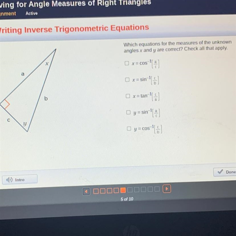 Which equations for the measures of the unknown angles x and y are correct? Check-example-1