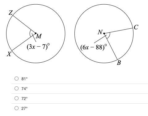 Given that ⊙M≅⊙N and XZ◠≅BC◠, find m∠XMZ.-example-1