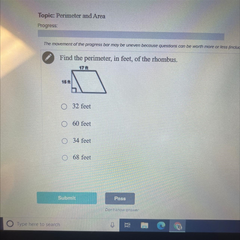 Find the perimeter, in feet, of the rhombus. 32 feet 60 feet 34 feet 68 feet-example-1