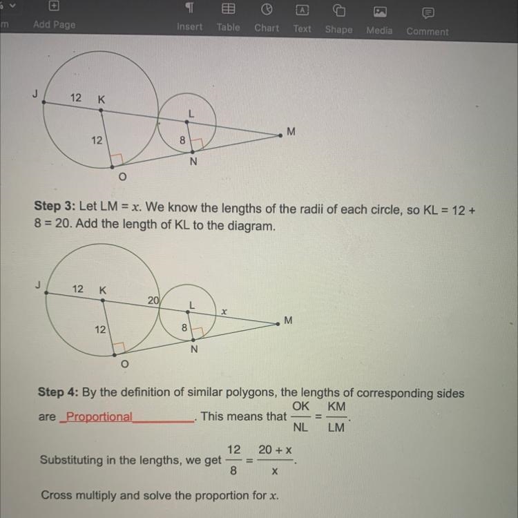 Step 3: Let LM = x. We know the lengths of the radii of each circle, so KL = 12 + 8 = 20. Add-example-1