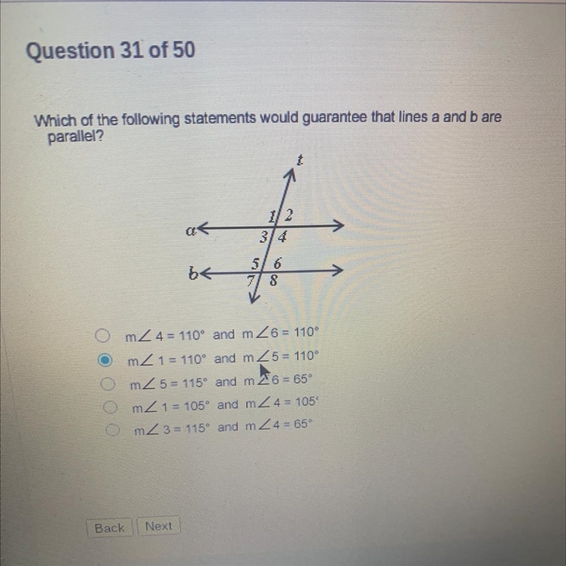 Which of the following statements would guarantee that lines a and b are parallel-example-1