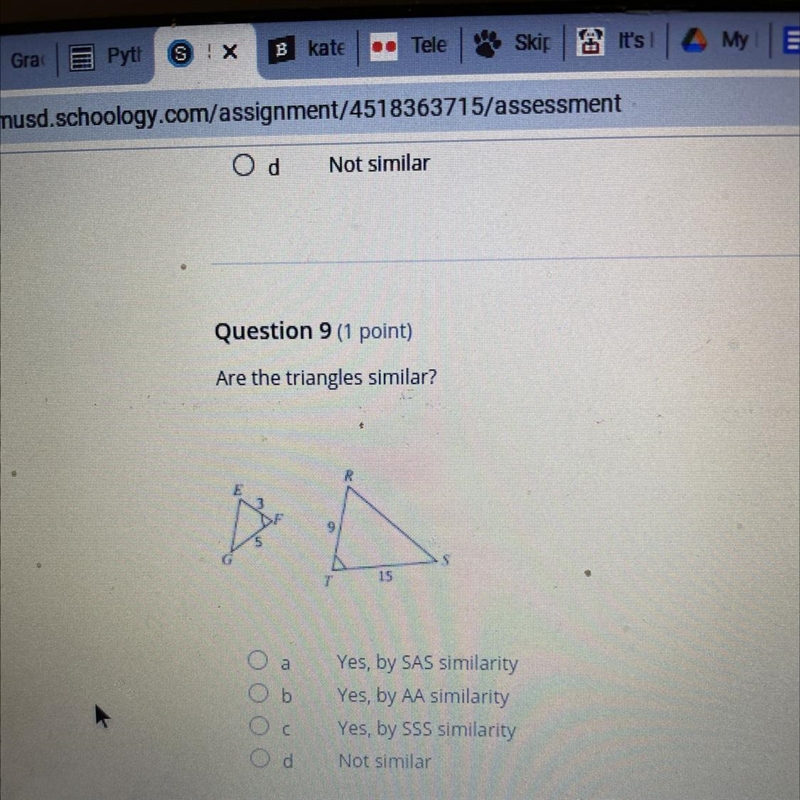 Are these triangles similar-example-1