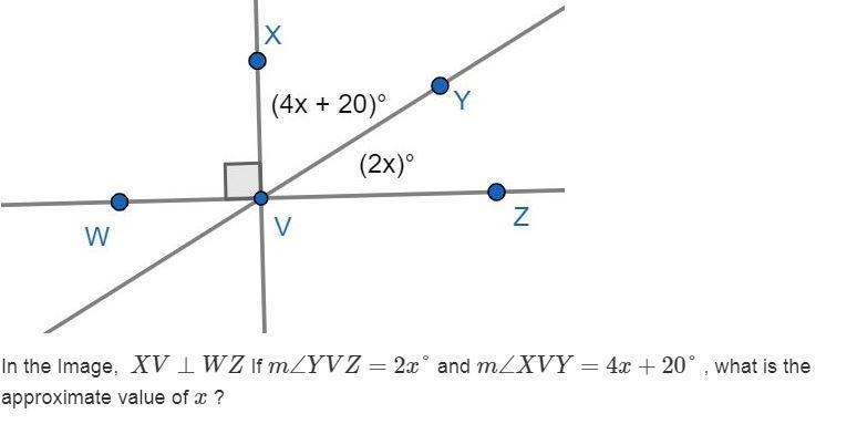 in the Image, XV⊥WZ If m∠YVZ=2x° and m∠XVY=4x+20° , what is the approximate value-example-1