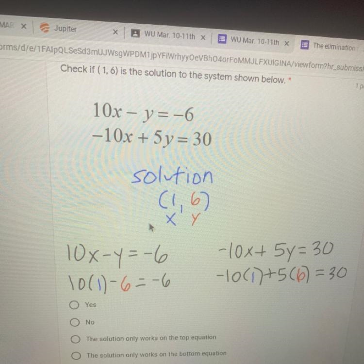 Check if (1,6) is the solution to the system shown below-example-1