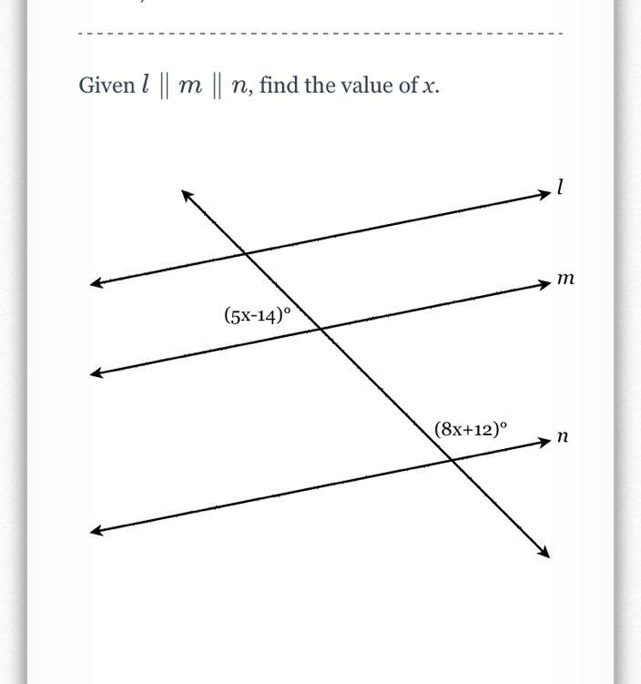 Given l || m || n, find the value of x-example-1