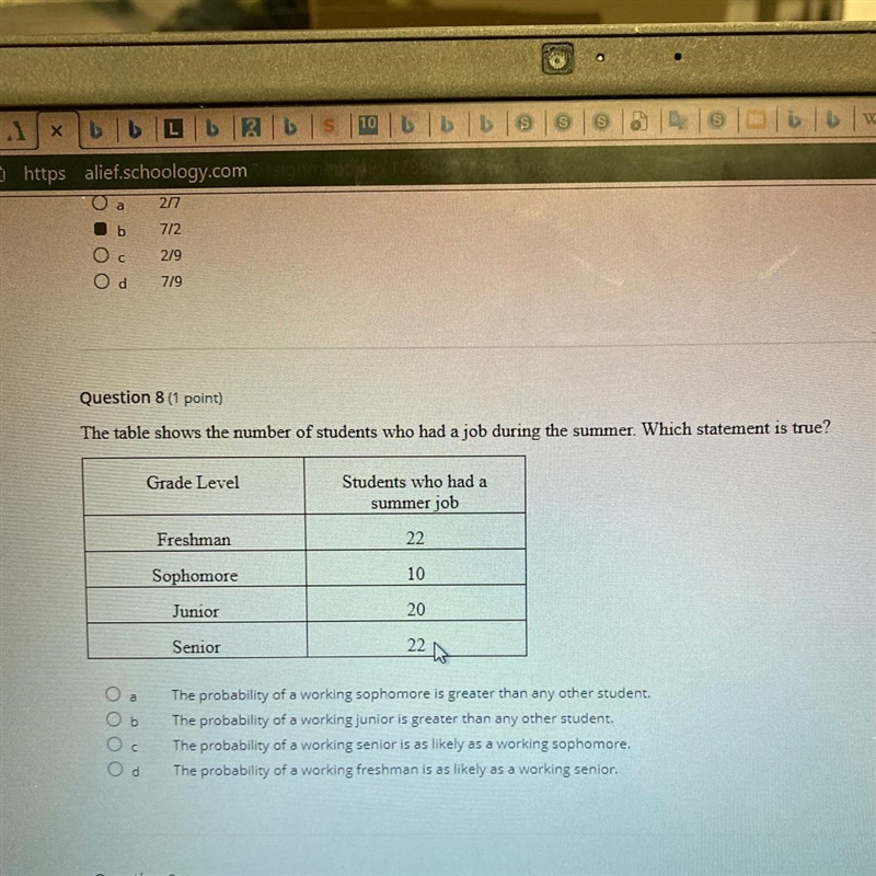 The table shows the number of students who had a job during the summer. Which statement-example-1