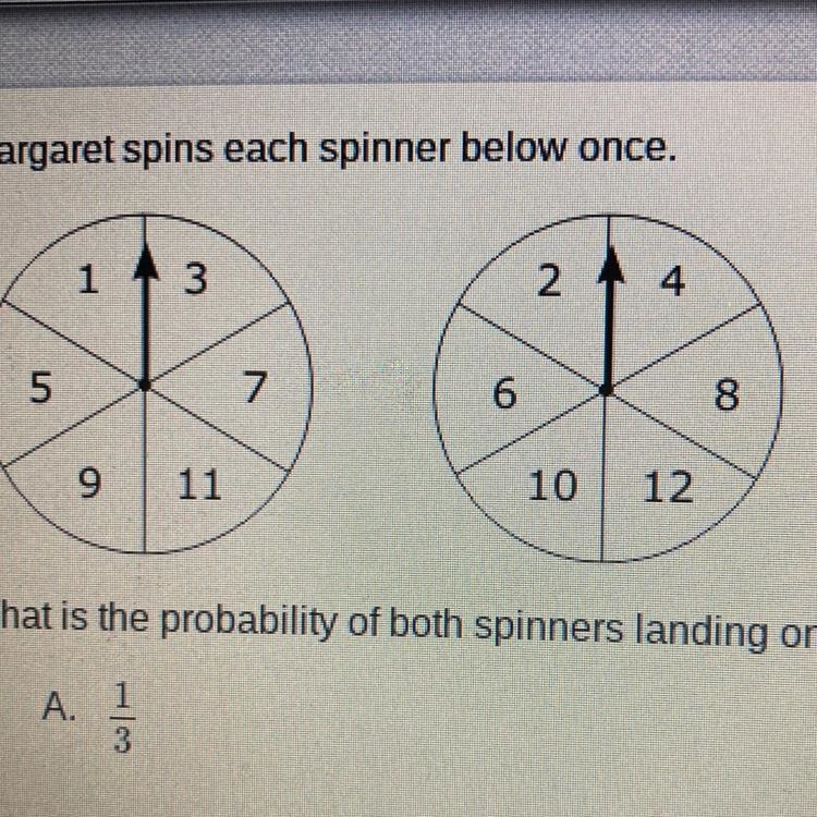 (EXTRA POINTS!!!). Margaret spins each spinner below once. What is the probability-example-1