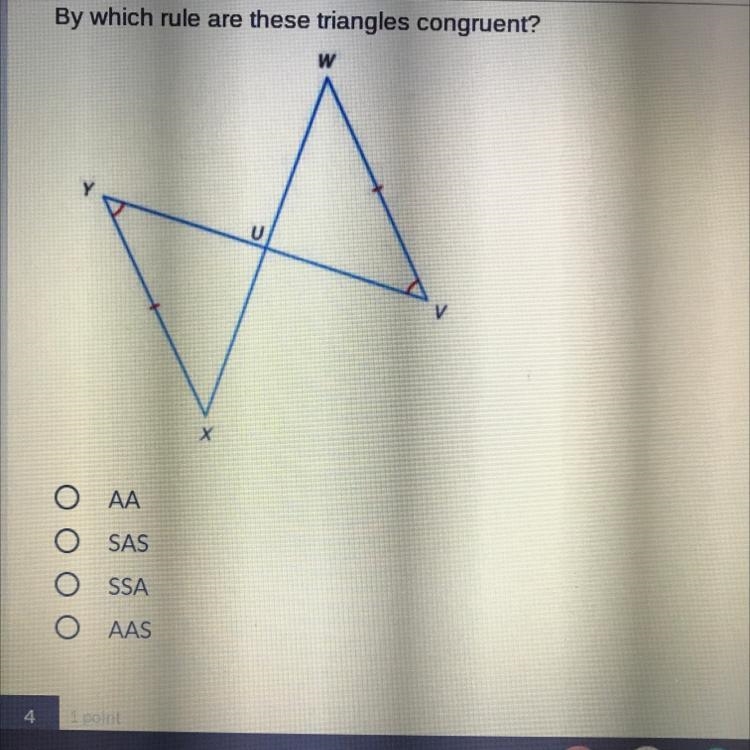 By which rule are these triangles congruent? АА SAS SSA AAS-example-1