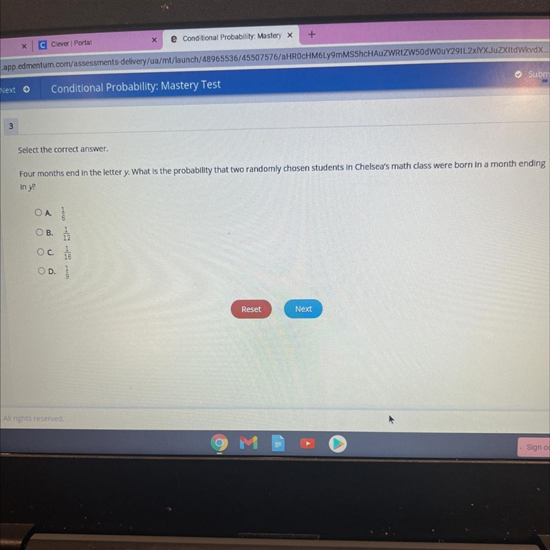 Select the correct answer. Four months end in the letter y. What is the probability-example-1