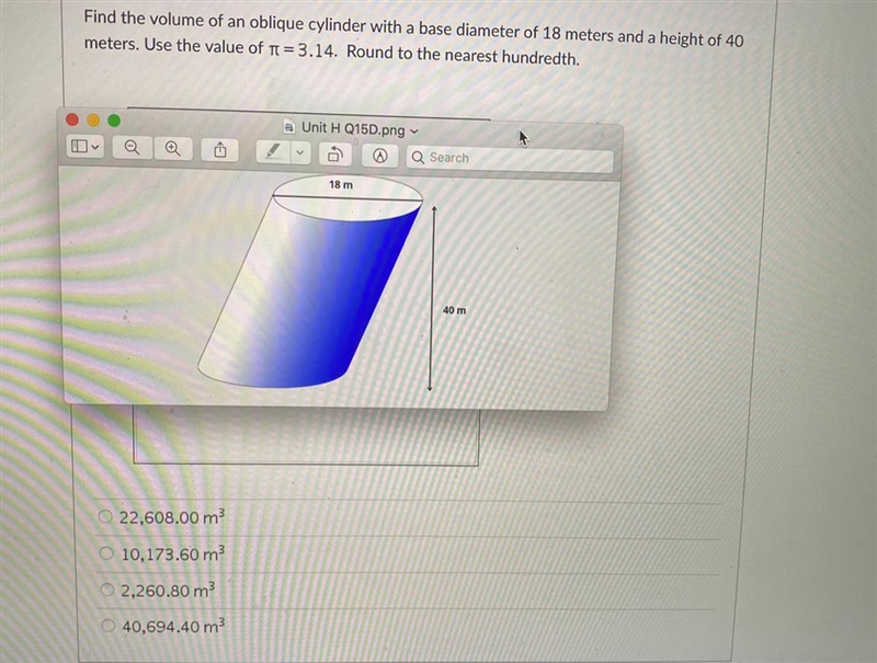 find the volume of an oblique cylinder with a base diameter of 18 meters and a height-example-1