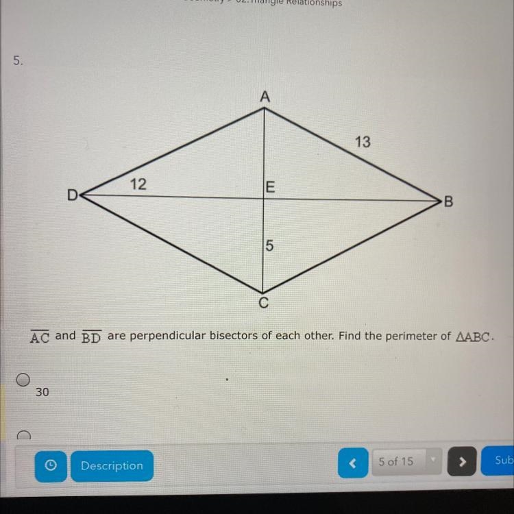 AC and BD are perpendiculare bisectors of each other find the perimeter of ABC 30-example-1