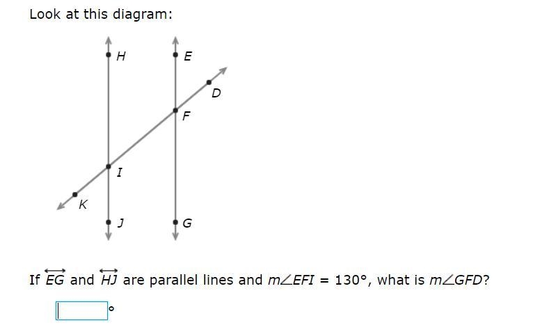 If EG and HJ are parallel lines and mEFI = 130°, what is mGFD?-example-1