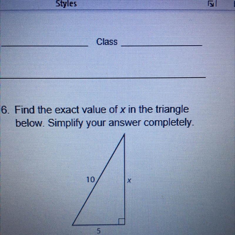 Find the exact value of x in the triangle below. Simplify your answer completely.-example-1