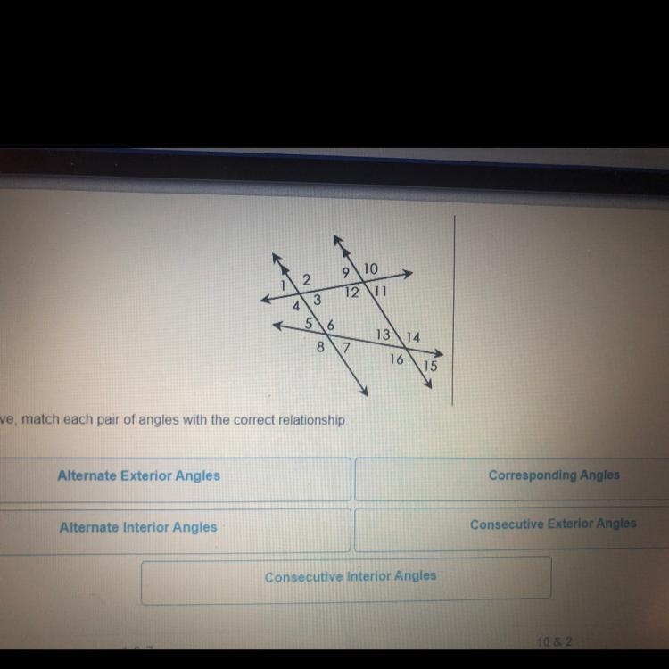 Please help !! using the image above match each pair of angles with the correct relationship-example-1