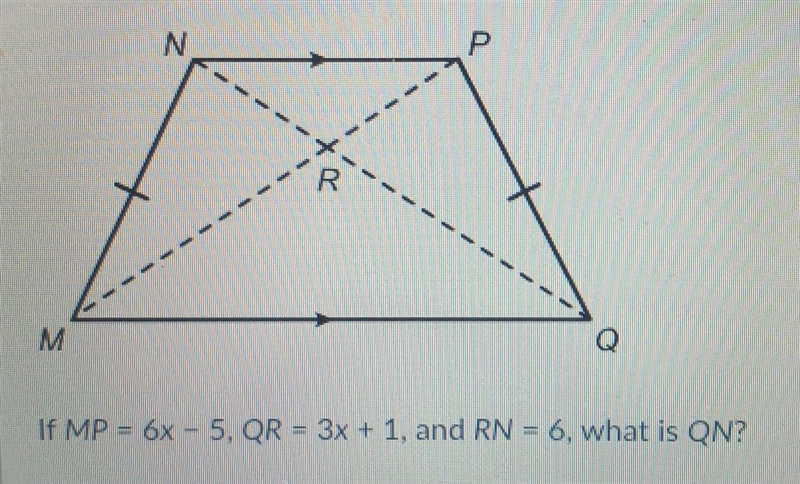 If MP= 6x-5, QR = 3x+1 ,and RN = 6, what is QN​-example-1