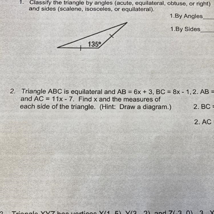 2. Triangle ABC is equilateral and AB = 6x + 3, BC = 8x - 1,2. AB = and AC = 11x - 7. Find-example-1