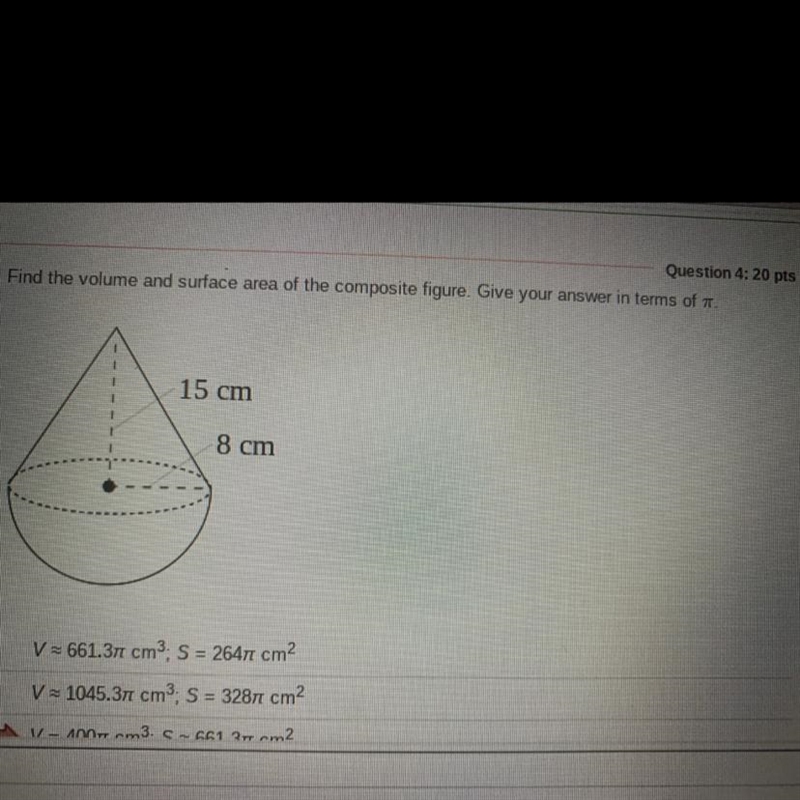 Find the volume and surface area of the composite figure. Give your answer in terms-example-1