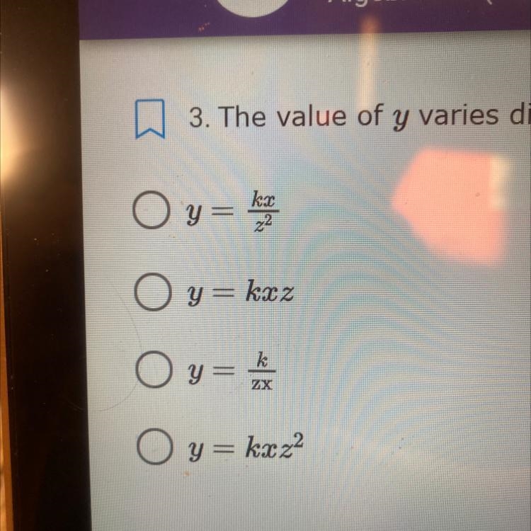 3. The value of y varies directly with cand inversely with the square of z. What equation-example-1