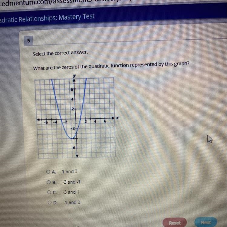 Select the correct answer. What are the zeros of the quadratic function represented-example-1