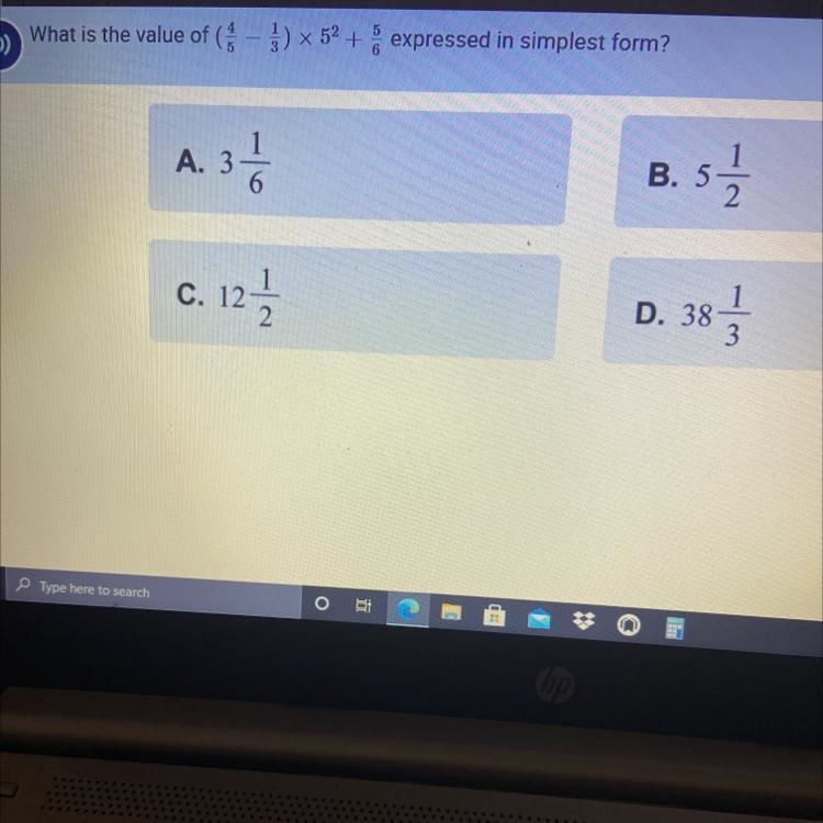 What is the value of (3 - ) x 52 + expressed in simplest form? A. 3 31 1 6 B. B. 51 C-example-1