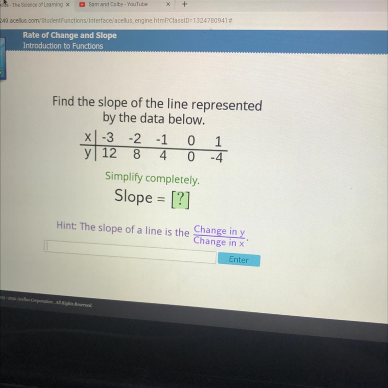 Find the slope of the line represented by the data below-example-1