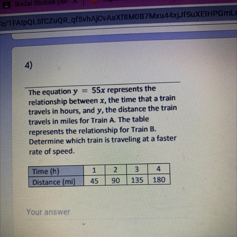 The equation y 55x represents the relationship between x, the time that a train travels-example-1