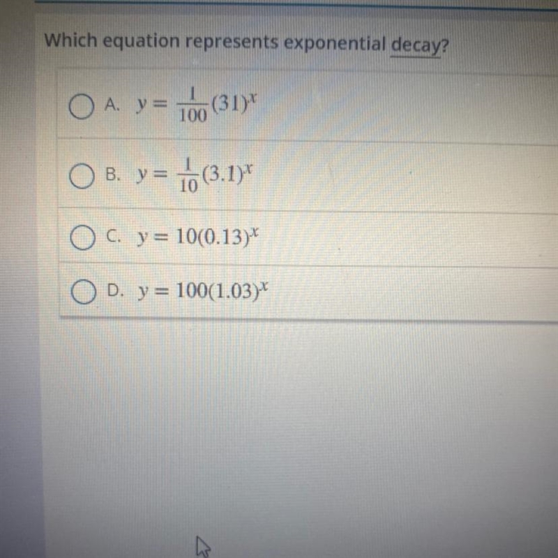 Which equation represents exponential decay?-example-1