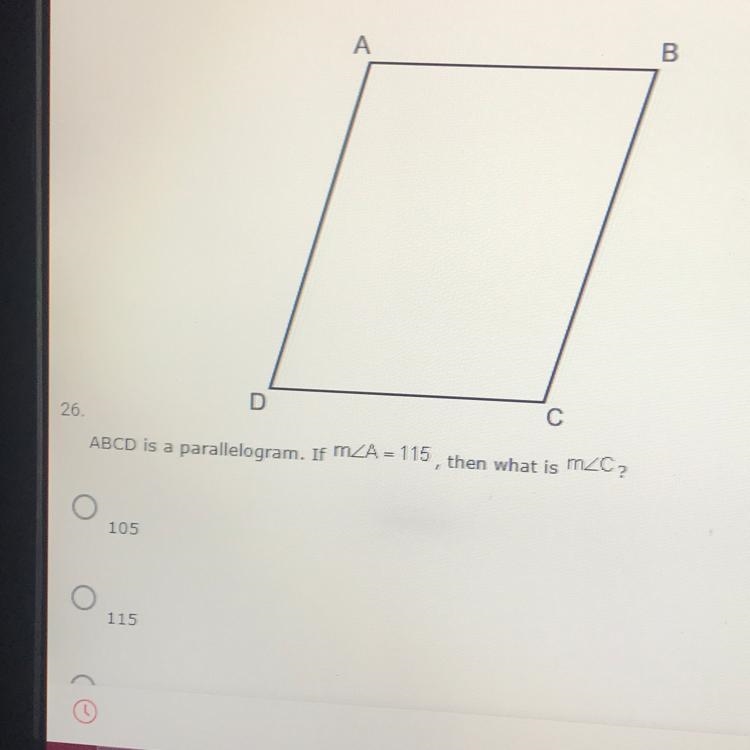 ABCD is a parallelogram. If m A. 105 B. 115 C. 75 D. 65-example-1