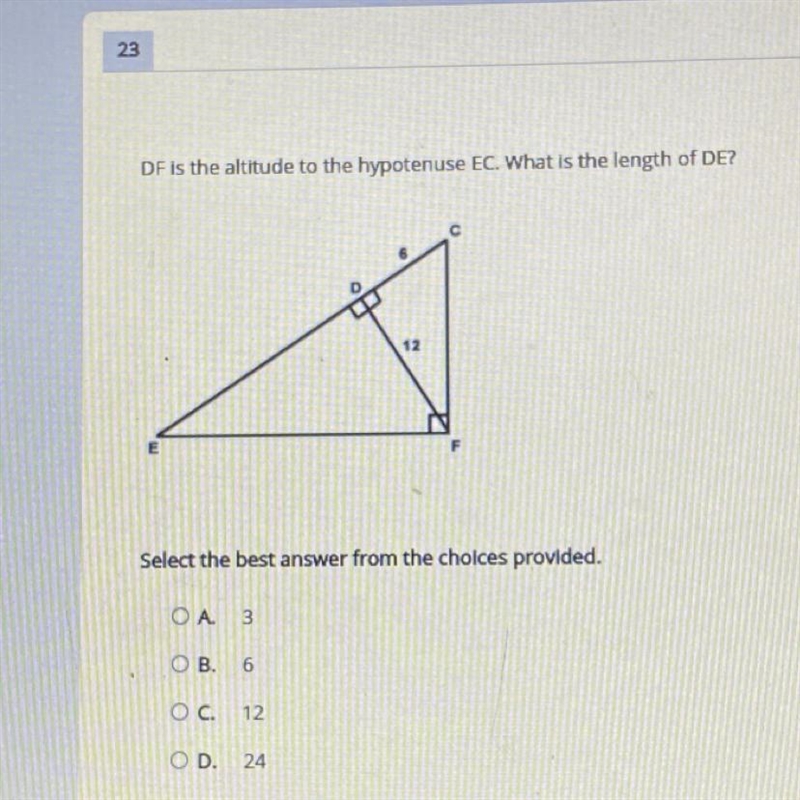 DF is the altitude to the hypotenuse EC. What is the length of DE? Select the best-example-1