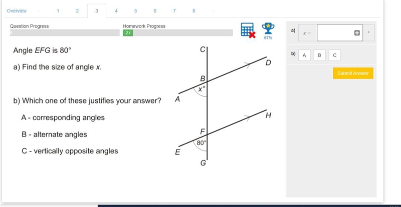 Angle efb is 80 what is the the size of angle x-example-1