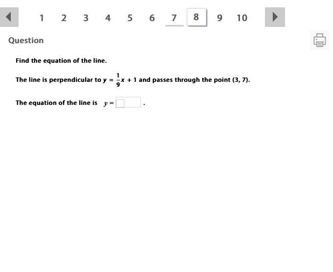 Find the equation of the line The line is perpendicular to y = 1/9 x + 1 and passes-example-1