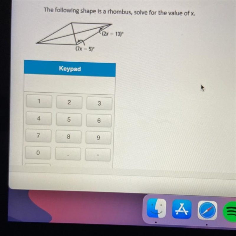 The following shape is a rhombus, solve for the value of x.-example-1