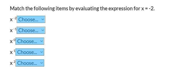 Match the following items by evaluating the expression for x = -2.-example-1