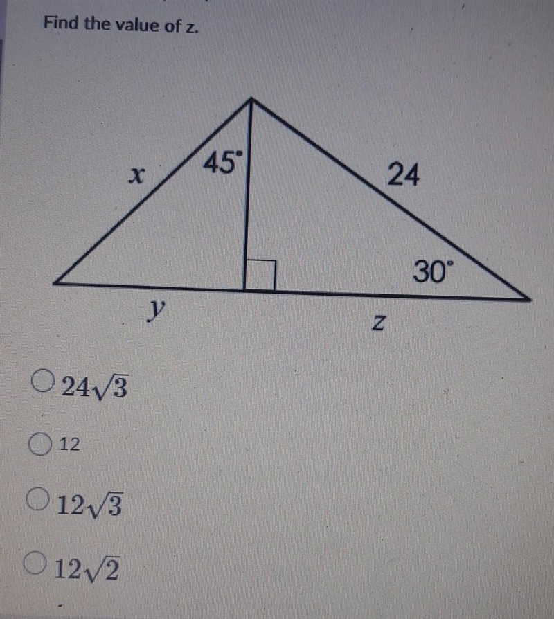 Find the value of z ANSWER IS NOT 12. NO LINKS OR SPAMS! THANK YOU!!!!!!​-example-1