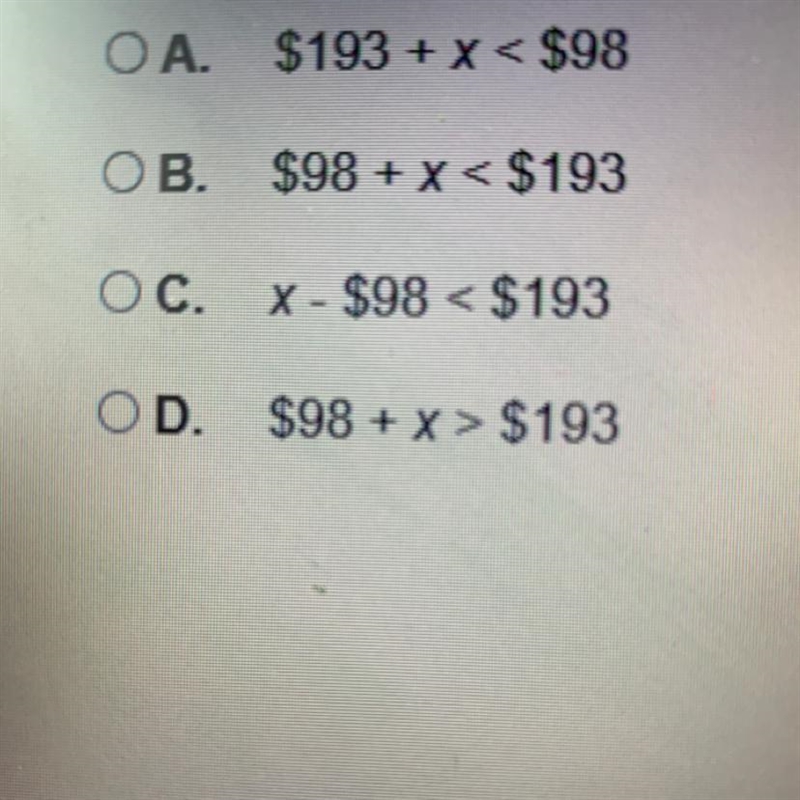 Amy and Ebony are shopping Amy has $98. Together, Amy and Ebony have less than $193 which-example-1