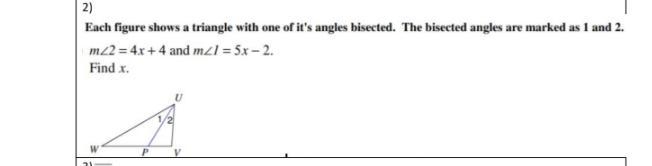 M∠2 = 4x + 4 and m∠1 = 5x − 2. Find x. SHOW WORK I ONLY NEED THE WORK!!!!!-example-1