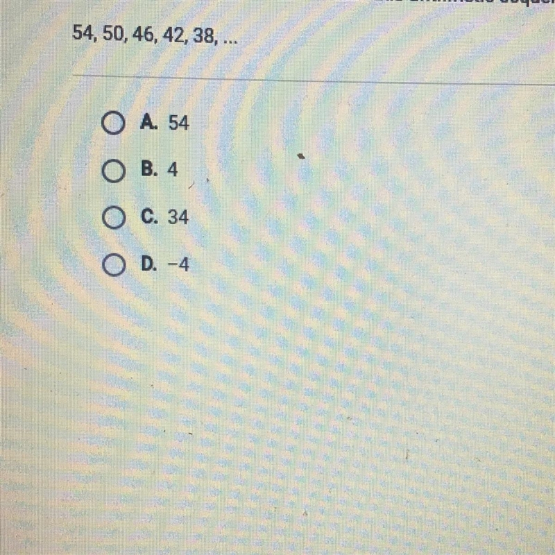 What is the common difference for this arithmetic sequence? 54, 50, 46, 42, 38, ...-example-1