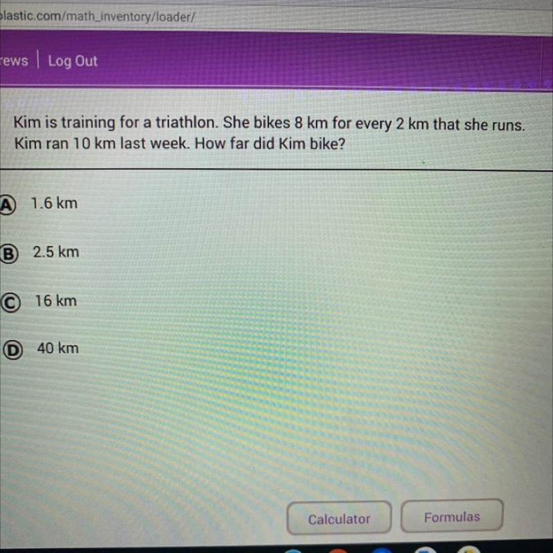 Kim is training for a triathlon. She bikes 8 km for every 2 km that she runs. Kim-example-1