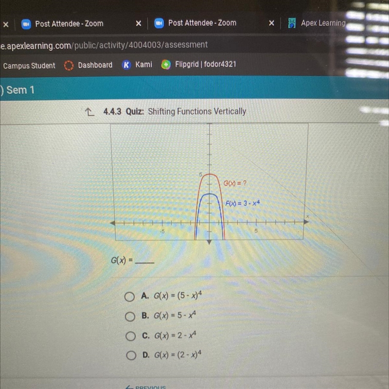 The graphs below have the same shape. what is the equation of the red graph?-example-1