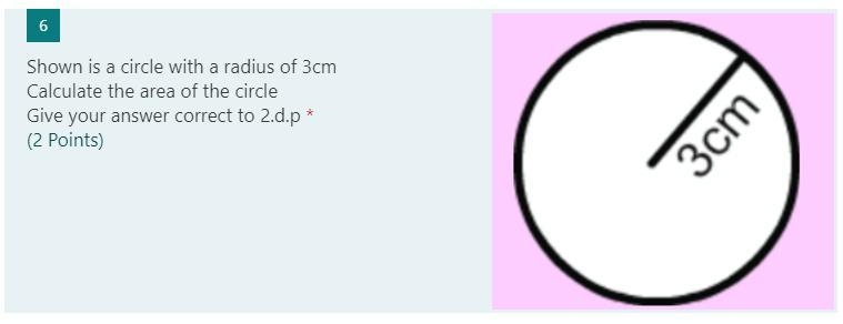 Shown is a circle with a radius of 3cm Calculate the area of the circle Give your-example-1