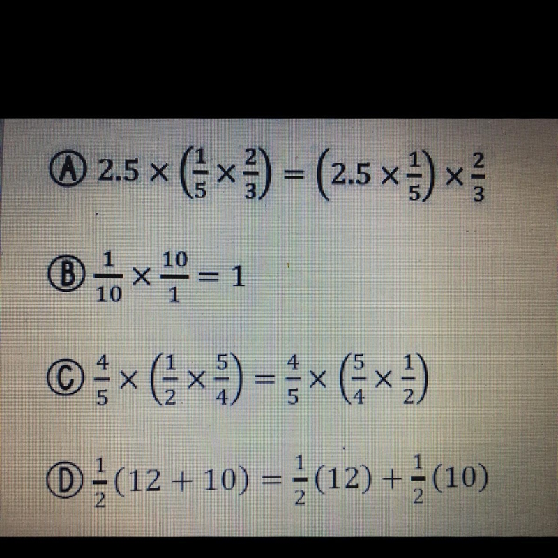 Which equation demonstrates the associative property of multiplication?-example-1