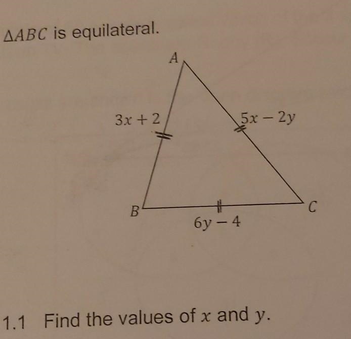 Triangle abc is equilateral, solve for x and y​-example-1