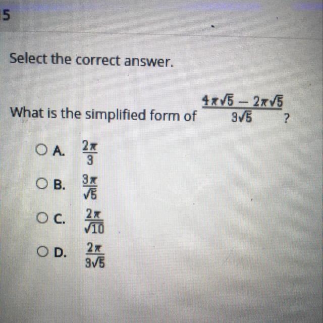 40 POINTS!! Select the correct answer. 4xV5 – 2xV5 What is the simplified form of-example-1