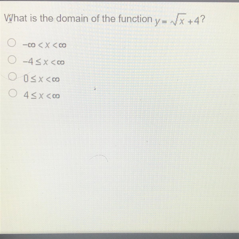 What is the domain of the function y= (square root) x+4-example-1