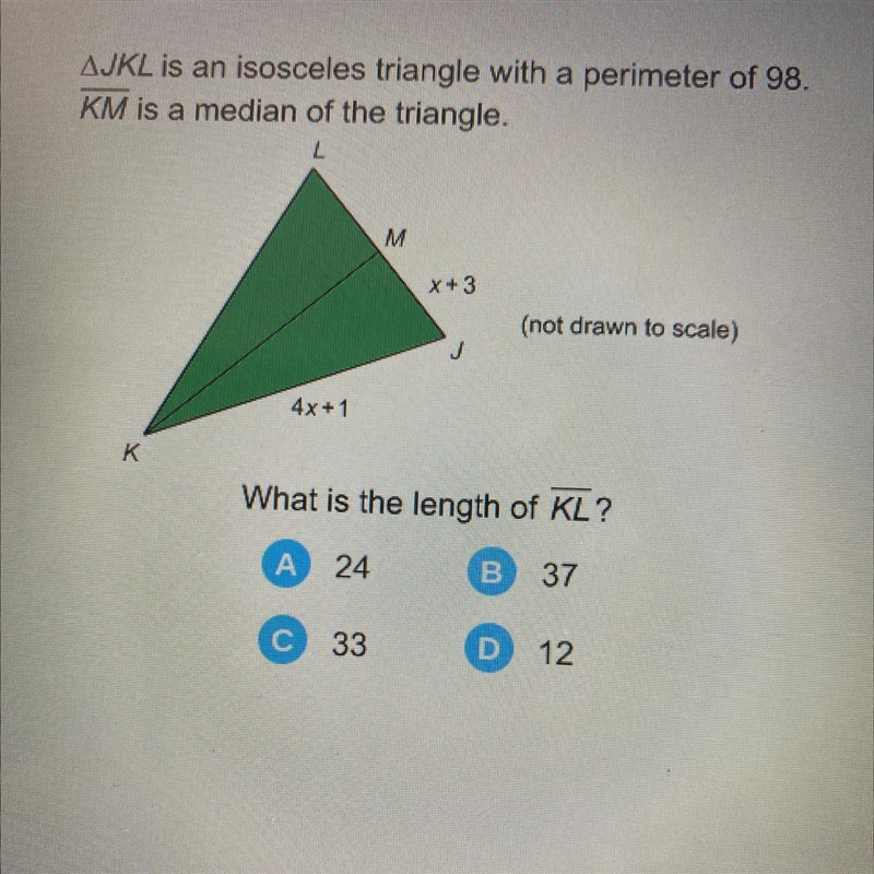 What is the length of KL? A 24 B 37 C 33 D 12-example-1